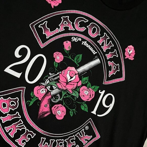 Laconia Motorcycle Bike Week Pink Roses Tee Shirt - Mens XL - Picture 2 of 3